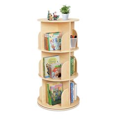 OOOK Kids Rotating Bookshelf, Small Corner Bookshelf for Small Space, 360° Display 3 Tier Floor Standing Bookcase Storage Rack, Wooden Narrow Bookcase