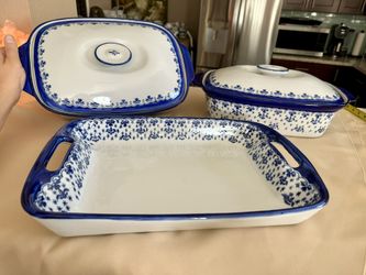 1990 WCL China Hand-Painted Blue and White Casserole dish and 2 Blue Large Covered Baker 