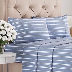 Queen Size 4 Piece Sheet Set - Breathable & Cooling Sheets - Blue Stripes Hotel Luxury Bed Sheets