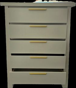 White w/ Gold Drawer Hardware 5 Drawer Chest Dresser