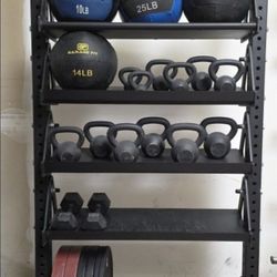oft tall commercial grade dumbbell storage rack wall balls bumper plates kettle bell gym equipment