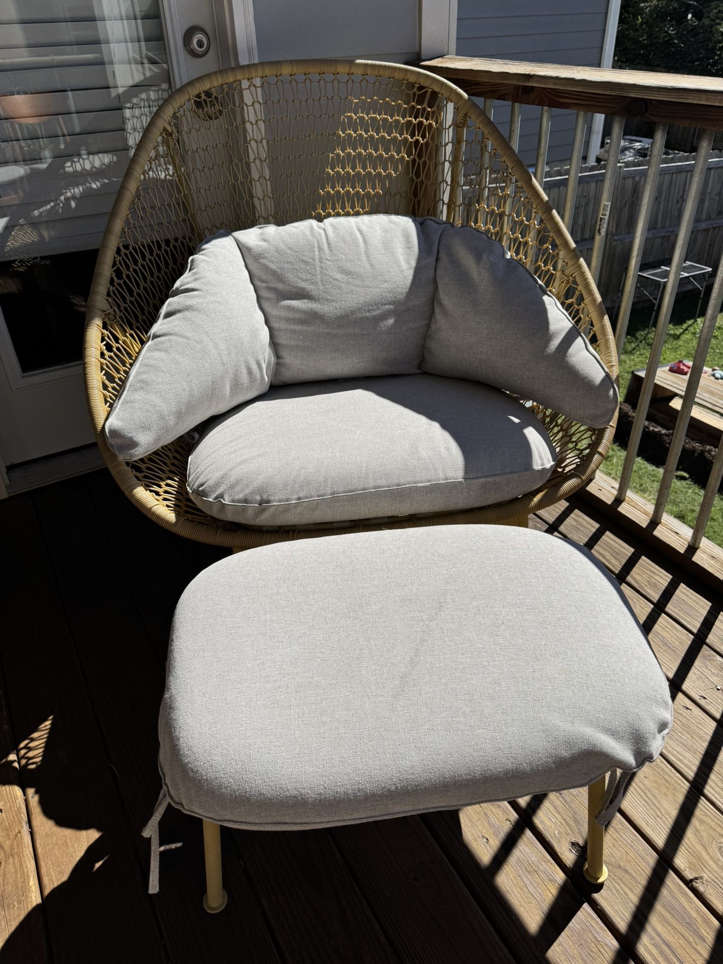 Yellow outdoor chairs and ottoman x2