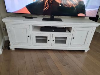 Farmhouse Distressed White TV Stand – Fits Up to 85" TV