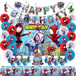 Spidey Birthday Decorations, Party Supplies Set Include Banner, Balloons, Hanging Swirls, Cake Cupcake Toppers, Tablecloth for Boys Girls Spidey Theme