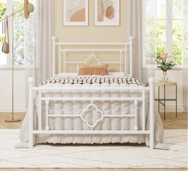 Twin free Size Metal Platform Bed Frame with Victorian Vintage Headboard and Footboard/Mattress Foundation/Under Bed Storage/No Box Spring Needed/Nois