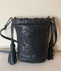 Isabella Fiore Handbag Black Leather cross stitch Embroidery LOVE DOVE Crossbody