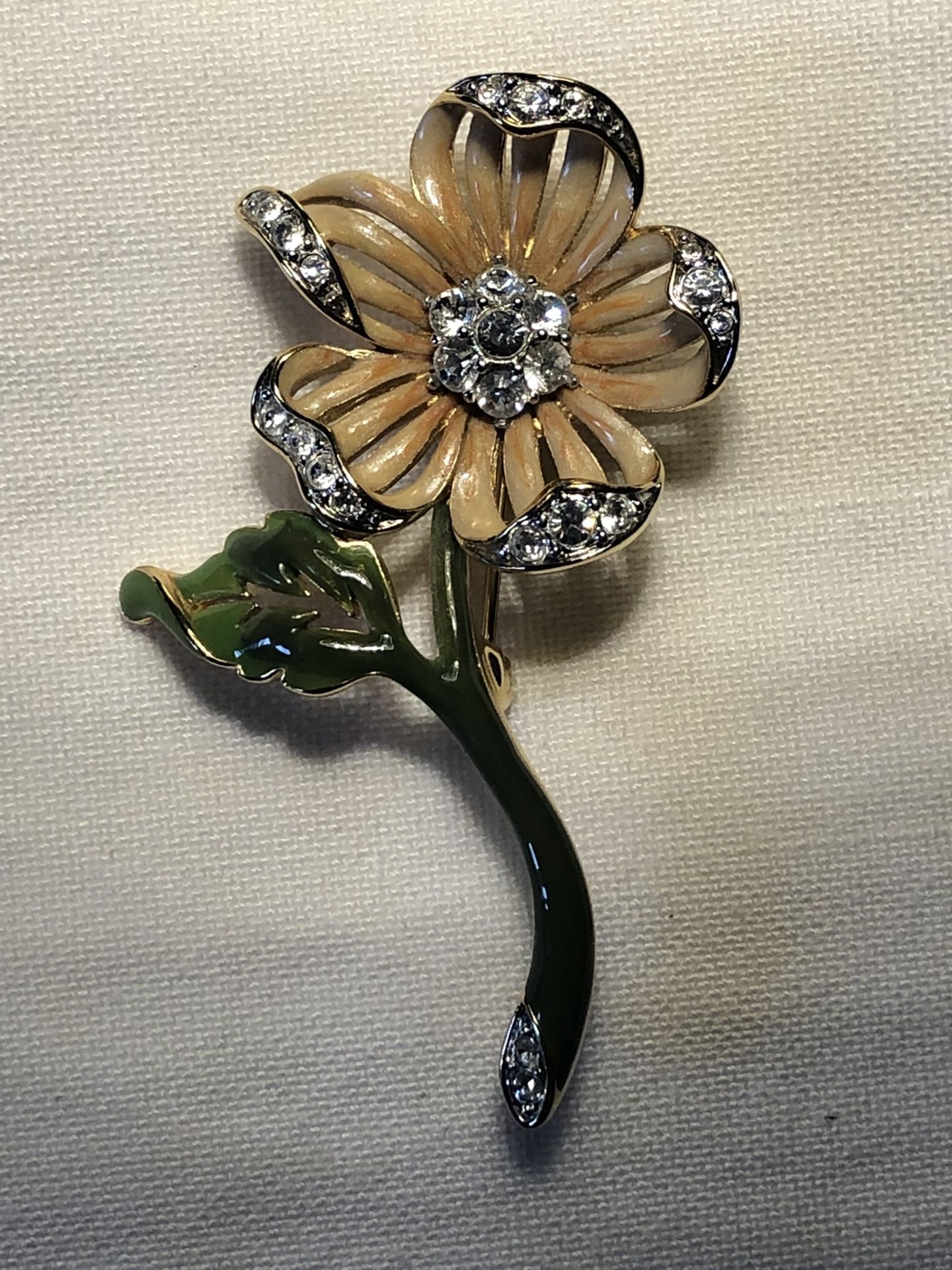 Nolan Miller Flower Brooch Tan/off-white And Green With White Rhinestones Signed
