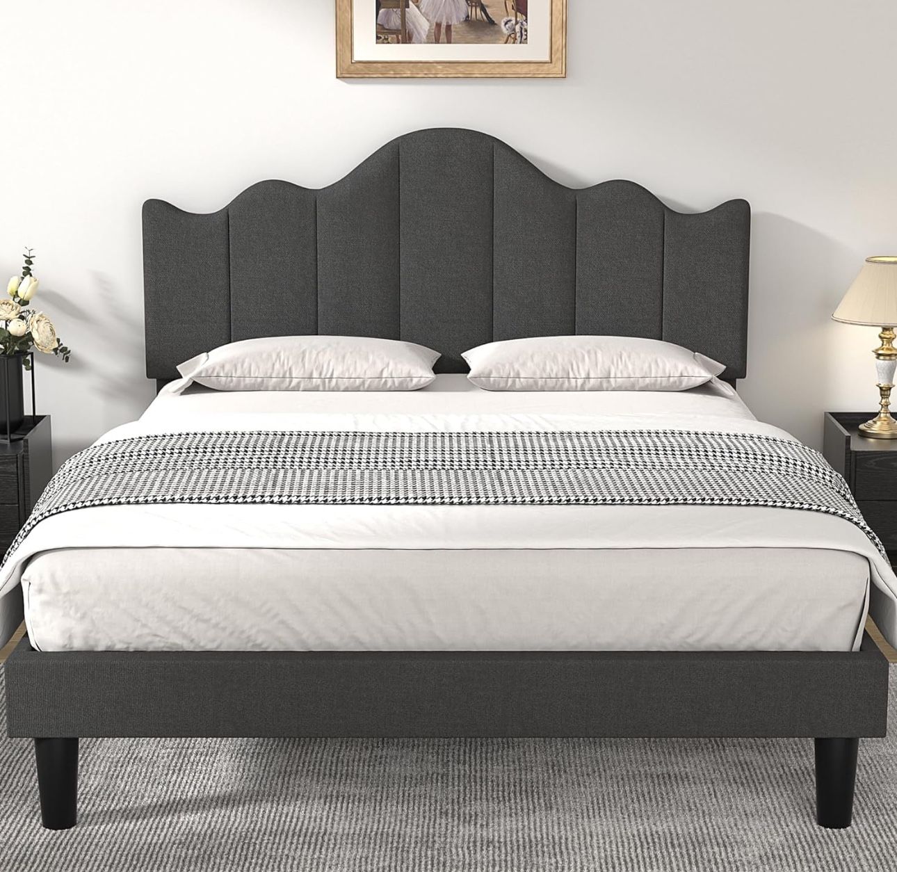 Full Size Upholstered Platform Bed Frame with Adjustable Headboard, Wood Slat Support and Noise-Free, No Box Spring Needed, Easy Assembly