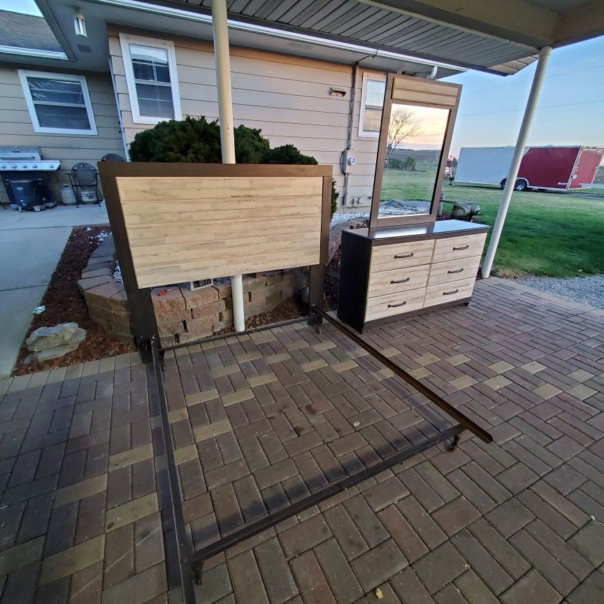 full size bed frame and dresser with mirror. Oak gray. nice but not new. delivery available