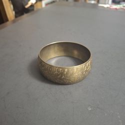 Vintage 1960's Hand Engraved Brass Floral Domed Bangle Bracelet Art Nouveau Styling 2 5/8" Opening 