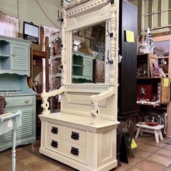  Antique Victorian Hall Tree with Mirror – 92" Tall – Ornate Entryway Storage Bench