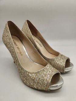 Audrey Brooke Quillan Brocade Glitter Peep Toe Heels-Size 6, Metallic Trim