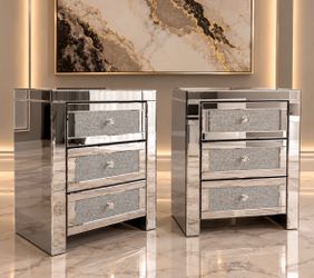 Mirrored Nightstands Set of 2 with 3-Drawers, Modern Mirror Glass End Tables Silver Bedside N-7
