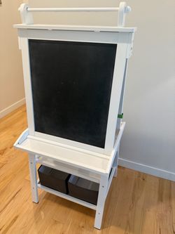 Wooden Easel with Chalkboard and Dry Erase Surfaces, Paper Roll and Paint Cups