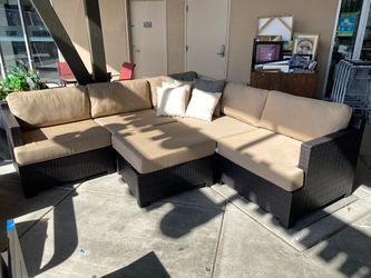 ABBYSON Outdoor Mocha Modular Sectional & Ottoman w/ Tan Cushions