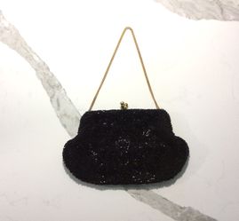 Authentic Walborg Vintage Black Hand-Beaded Bag with Gold-Tone Chain Handle