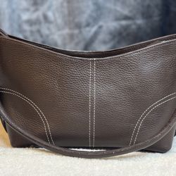 Brown Genuine Leather Shoulder Handbag White Stitching Medium Size 