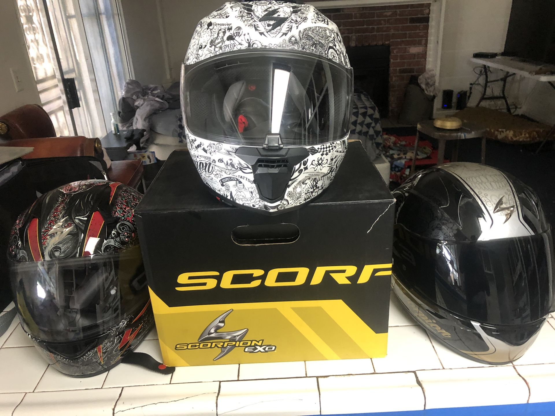 Motorcycle gear - icon jacket. Scorpion helmets. Shogun Frame sliders.
