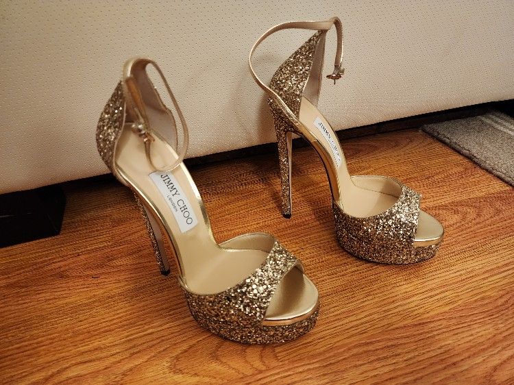 Jimmy Choo Light Gold Coarse Glitter Fabric Heels Size 7 for