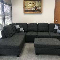 Charcoal Linen Sectional Couch And Ottoman 