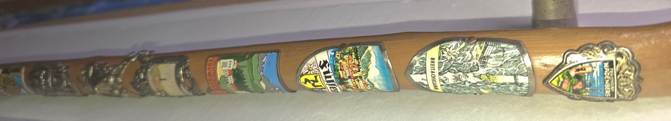 Antique German Hiking Bamboo Cane With 10 Metal Badges-Stocknage:Fussen, Tirol, Hameln, Nadenberg, Melbarssen, 31.5" Long