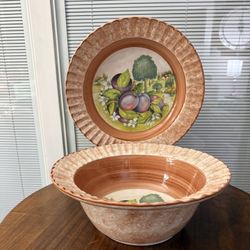 VTG  Ceramica Due Torri Italian majolica large Salad Bowl & Large Pasta Platter hand-painted fruit 