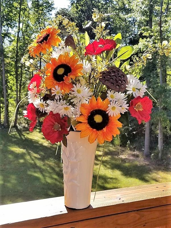 Handmade silk flower arrangement, red, brown, orange and white