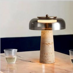 Travertine Lamp, Natural Stone Table Lamps with Glass Shade, 12W Mushroom Bedside Nightstand Light Decor for Bedroom Living Room Office Console Side E