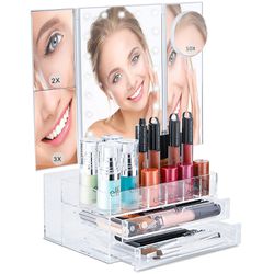 Bellapelle TriFold LED Lighted Makeup Mirror Touch Dimmable with 10x 3x 2x Magnification and Makeup Organizer for Vanity Desk or Countertop