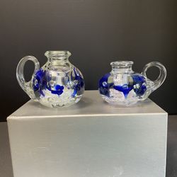 (2) 1970’s Joe St. Clair Blue White Floral Bubble Candle Holder Paperweights Signed 