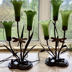 Tiffany Style Vtg Luminarie Table Lamps Green Tulips & Red Dragonfly