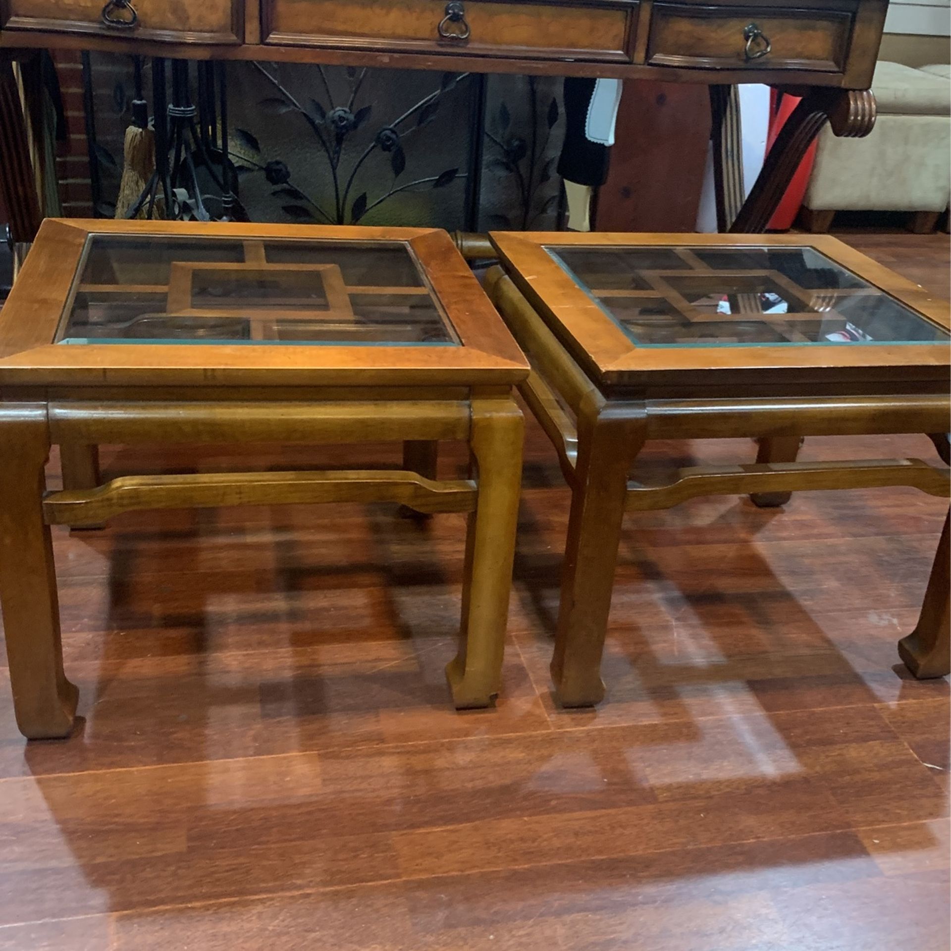 Pair Of All Wood Oriental End Tables :17x20x20. Class Insert