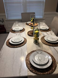 White Marble Dining Set – Includes Bench + 4 Slipcovered Chairs