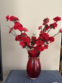 Elegant Red Vase with Artificial Blossoms – 5” x 22” – $30