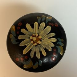 handpainted light weight wood trinket box 2.5” diameter about 2” high Looks like a European motif