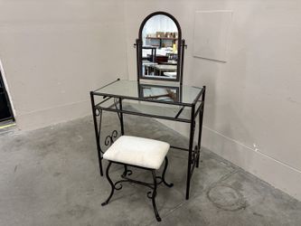 Metal Scrollwork Mirrored Vanity Table and Stool with Clear Glass Shelf
