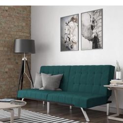 Velvet Upholsteredrr Convertible Futon couch, sofa. Green. Used for a year