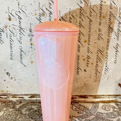 Starbucks Summer Peach Pink Marble 24 oz Cold Cup Tumbler Dome Lid EUC