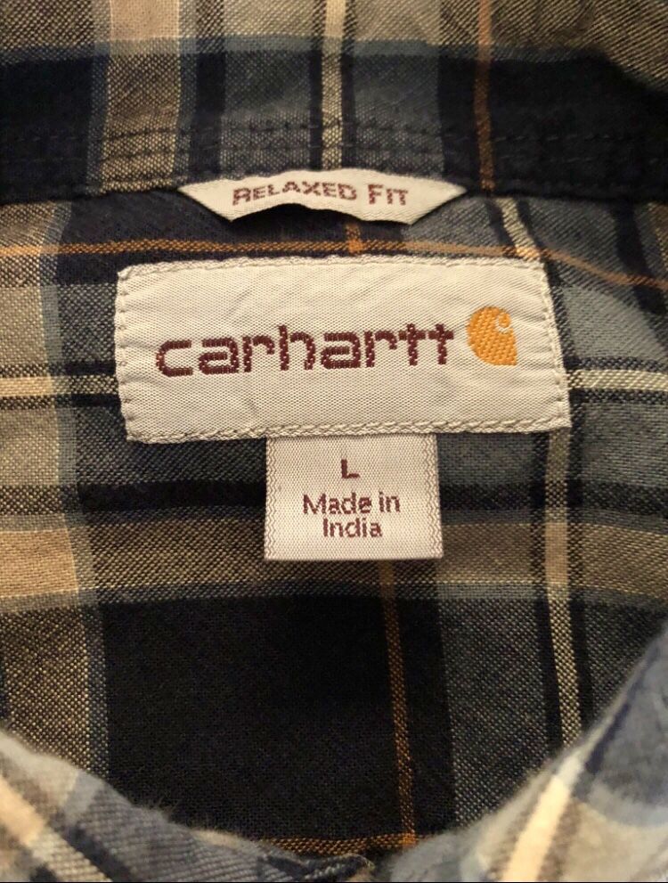 Carhartt Mens Relaxed Fit Blue/Beige Plaid Long Sleeve Shirt. Size Large. 