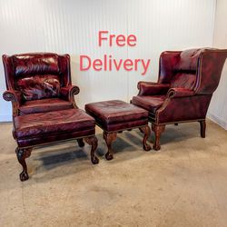 Vintage Westchester Leather Inc Chippendale Wingback Chairs & Ottomans