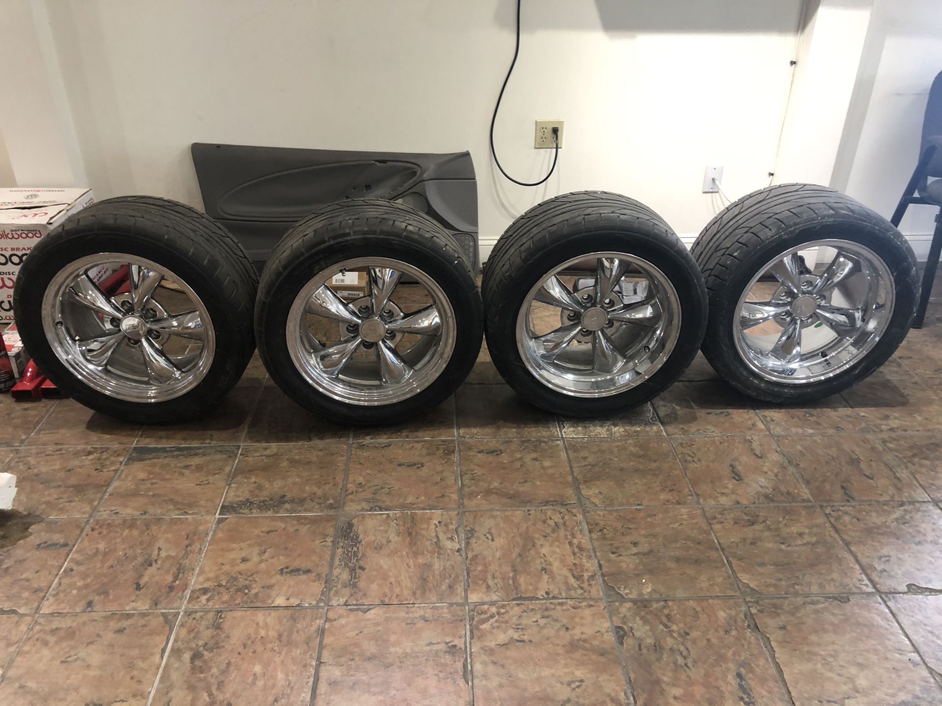 Set of 4 Ford Mustang staggered chrome rims w/ Nitto tires