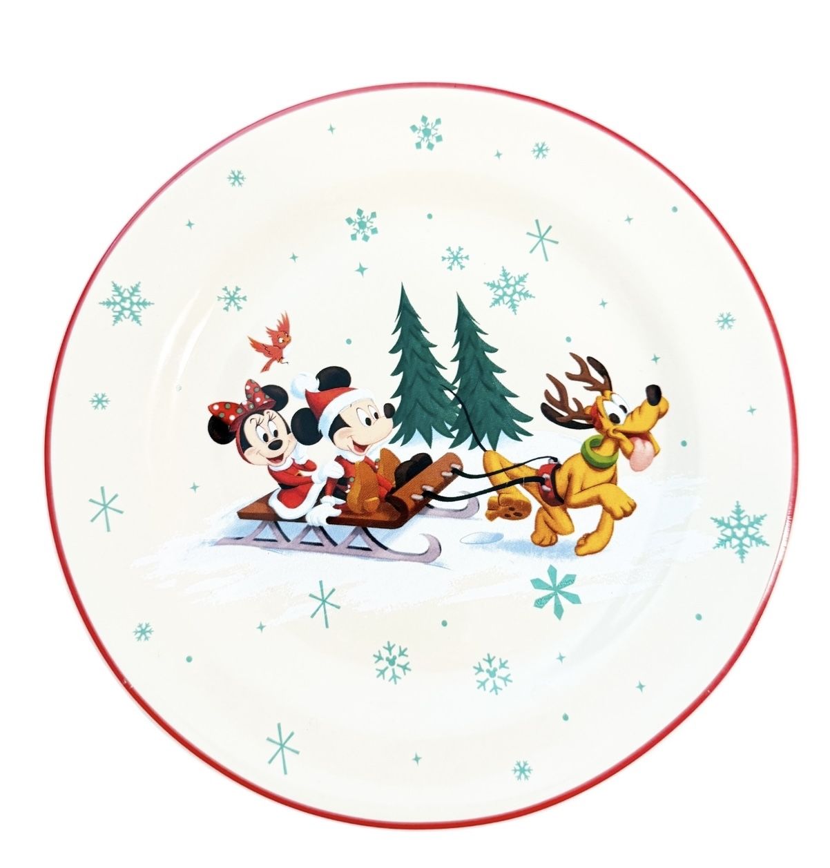 DISNEY PARKS Happy Holidays Collectible Plate Mickey Minnie & Pluto Pulling Sled