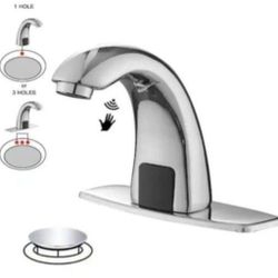 BWE Automatic Sensor Touchless Bathroom Sink Faucet With Deck Plate & Pop Up Drain In Polished Chrome