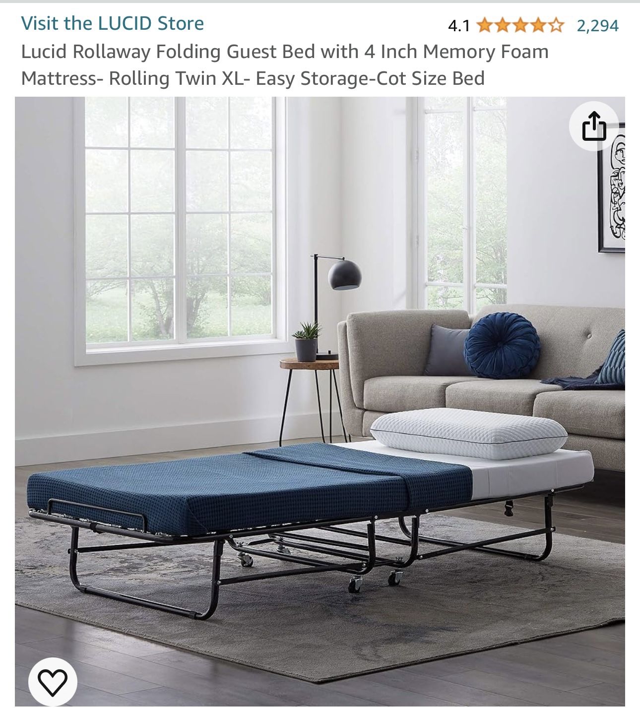 Lucid Rollaway Folding Guest Bed with 4 Inch Memory Foam Mattress- Rolling Twin XL