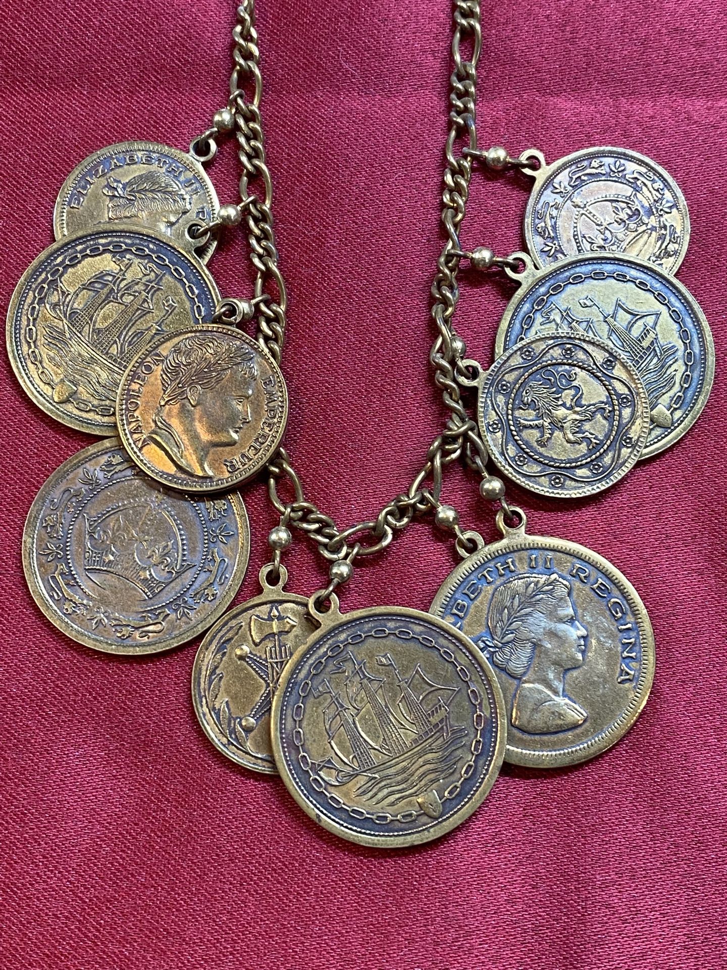 Rare Stunning Vintage 1960s Pididdly Links Brass Coin Charm Necklace