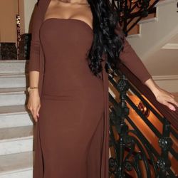 Brown 2 Piece Set  Stretch Tube Dress And Matching Robe Lounge Dress Small