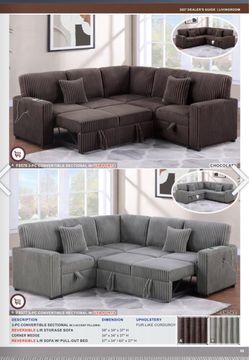 $550. Sectional Pull Out Bed With Storage USB Cup Holder Available,I Ivory,Dark Gray,Corduroy