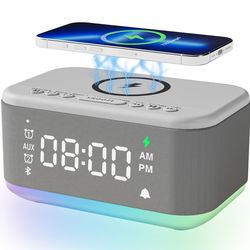 Alarm Clock Speaker Wireless Charger, Digital Alarm Clocks Bedrooms Bluetooth, Alarm Clock Dimmable Light Bedrooms Dual Alarm Snooze Dimmer 12 24H RGB
