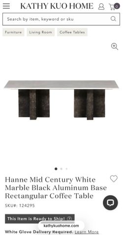 Kathy Kuo Home - Hanne Mid Century White Marble Black Aluminum Base Rectangular Coffee Table