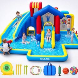 Neche Inflatable Water Slide with 550W Blower, Bounce House with Dual Slides, Splash Pool, Backyard Water Park for Kids Ages 3-8